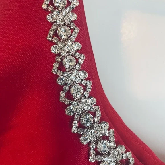 Self-Portrait Red Taffeta Diamante Midi Dress - Size UK 14/ US 10 - Picture 10 of 14